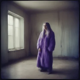 singer billie eilish , hippie girl, purple fur, in a liminal empty room, old autochrome