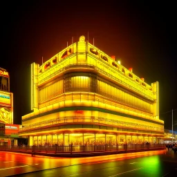 A yellow casino with flashing lights painted by Zosan