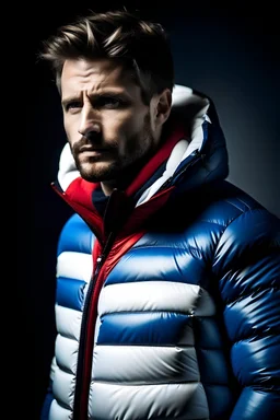 Man's blue white and red puffer coat