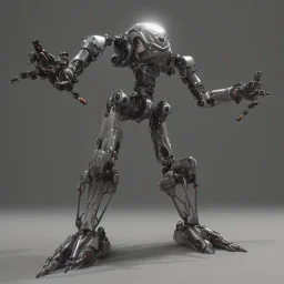 Mecha with metal spider legs his hands are machine guns.