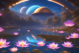 galactic landscape with sparkling stars, ((golden shining metal flying saucers with windows)), beautiful galactic beings, a magic lake full of lotus flowers and fairytale surroundings , vaporwave colorful, concept art, smooth, extremely sharp detail, finely tuned detail, ultra high definition, 8 k, unreal engine 5, ultra sharp focus