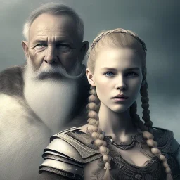 Viking theme, a younger woman sitting next to a 50-year-old man, portrait, 8K, close-up face, anatomically perfect face, Highly detailed stunning full frame portrait, misty and cloudy atmosphere