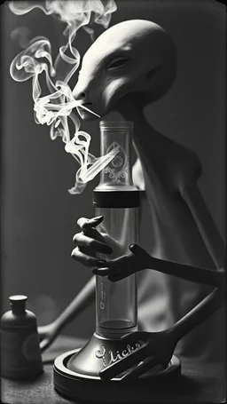 Get An old picture style of black and white mono very bad quality looks very old camera picture of an alien smoking weed from a bong , year 1900