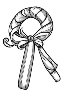 A black and white cute drawing of a candy cane with a ribbon, only outline, white background,for kids.