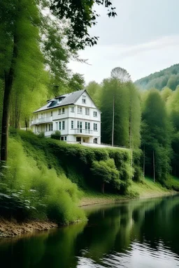 A White House in the forest beside the river