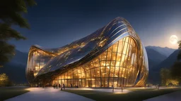 inspiring interwoven steel and gold ultra-modern slender building based on lightweight parabola shapes, sine curves and helix shapes, featuring large windows, rural location, night, moonlight, fireflies, distant mountains, lake, astonishing architecture, beautiful, wow, extremely detailed, photographic quality, beautiful composition, Ultra Realism, Complex intricate Details, 16k, HDR, High Quality, Sharp Focus, Studio Photo, attractive, innovative