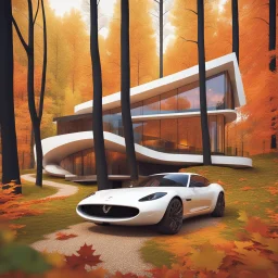 Cozy forest retreat, futuristic modern house in an autumn forest of vibrant colors. Contemporary design with clean lines and large windows, which radiate a feeling of warmth and comfort. A white car parked on the winding driveway leading to the house adds a touch of modernity to the rustic surroundings. The path is dotted with fallen leaves. Around the house, dense mix of green, orange and yellow foliage. 8k