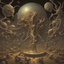 So the world is spinning faster Are you dizzy when you stall? Let the music be your master Will you heed the master's call? Oh, Satan, kinetic prog rock album Art, expansive nightmare-scape, by Aly Fell, by Keith Thompson, horror weird, volumetric lighting, surrealism.