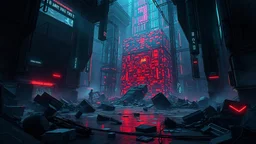 a detailed illustration of a futuristic ((grid)) system collapsing in a digital landscape, glitchy, sci-fi, digital art, dark ambiance, cyberpunk, dramatic lighting, perspective view, urban decay, concept art, scattered debris, neon lights, volumetric lighting, medium detail