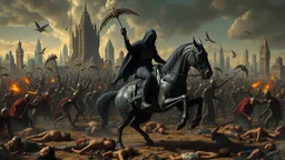 A chaotic cyberpunk interpretation of Bruegel's "The Triumph of Death", capturing the metaphorical harvest of humanity. A vast, dystopian metropolis under a toxic smog sky, where cybernetic grim reapers are executing a digital and physical harvest. Many of humans and transhuman citizens killed are overwhelmed by an army of cyber skeletal warrior androids, fight with humans, panicking people, bodies lying on the ground. In the foreground a cyber-death warrior in black hood on mecha-horse