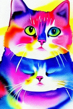 watercolor painting, happy cat, bright color,