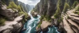 sentier naturel dans la falaise vertigineuse d'un canyon karstique très étroit surplombant une rivière avec des rapides dangereux