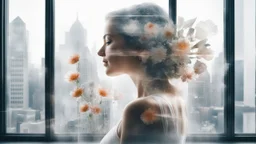 white background, Double exposure, woman, city, window, flower, room, detailed, high detail, high resolution, 8K, Double exposure