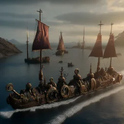 fleet of steampunk viking ships, 4k, highly detailed, cinematic, ultra photorealistic, ultra realistic, volumetric lighting