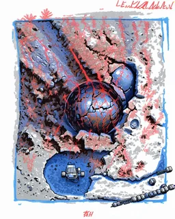 High-altitude lunar reconnaissance satellite image of a young impact crater with larger regolith along right ride. A damaged metallic alien sphere with fracture lines like an egg. organic growth across regolith and up crater walls. Along the lower frame edge a small modern bare-bones lunar-vehicle sits near the rim with visible wheel tracks. comic pencils