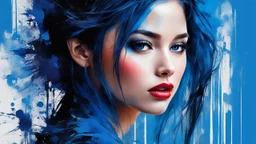 masterpiece, best quality, ultra high res, 1girl, (abstract art:1.4), bleeding blue, blue theme, visually stunning, beautiful, evocative, emotional, side view,