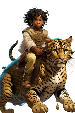 Eleven-year-old mulatto male sorcerer, with wavy black hair tied in a braid, hazel eyes, riding on the back of a giant furry leopard cat