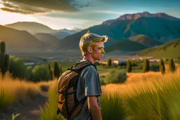 A detailed photo of a fifteen year old blond boy wearing a backpack standing in a field overlooking an abandoned city, wearing short sleeves and shorts, mountains on the horizon, sunset, tall grass, bright colours, baste landscape, cinematic photography, high resolution, high quality, highly detailed.