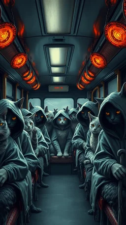 A bus full of scary hooded cats sitting in the bus