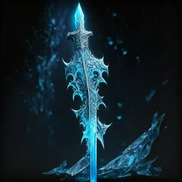 A fantasy sword that is a slender, translucent blade made of ice, shimmering with an ethereal blue glow. Its hilt is crafted from swirling vines, leading to a vibrant crystal at the pommel. With a black background behind it.