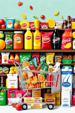A design filled with various fruit juices, various chips, various types of Fanta, Coca-Cola, Sprite, various famous chocolates, a full shopping cart, packaged cheeses, butter, and pasteurized milk, in cheerful, vibrant, and eye-catching colors.