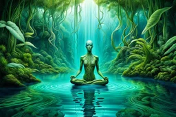 Ecological Art, plants, floating earths, long leaf tendrils, green colors and shades, blue-white waters, rivers, a full body beauty human-plants hermaphrodite mutant meditates in stunning alien flora , cinematic, mistic mood