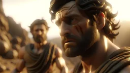 Generate a 4k ultra-realistic and cinematic image of the biblical David facing head-on Goliath of the Philistines in the bible, slingshot in hand, his unwavering faith shining through his eyes despite the overwhelming odds.