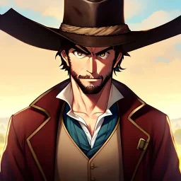 Portrait, Bearded, gunslinger, short brown hair, serious eyes, wild west Coat,