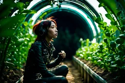 Unground solar punk tunnels, cinematic, extreme anamorphic dof, dystopian, sci-fi, award-winning, Yui working hard in a garden, National Geographic, breath taking, oxygen farm but outside is a desert, fantasy, magical