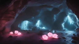 Photoreal dark underground cave with neon brightly neon glowing neon white neon glass neon roses with an overall neon glow aura through the cave in the style of fantasy movies, photorealistic, shot on Hasselblad h6d-400c, zeiss prime lens, bokeh like f/0.8, tilt-shift lens 8k, high detail, smooth render, unreal engine 5, cinema 4d, HDR, dust effect, vivid colors