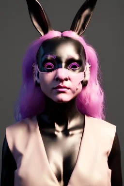 Portrait Rabbit mask, cyberpunk woman, black pink color, highly detailed, art stations, concept art, smooth, unreal engine 5, god rays, ray tracing, RTX, lumen lighting, ultra detail, volumetric lighting, 3d, finely drawn, high definition, high resolution.