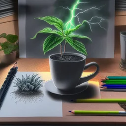 A High resolution photograph with soft lightning, of a a4 size drawing on a table next to two colored pencils. A green plant in a pot in the left top corner, a cup of coffee in the right top corner.