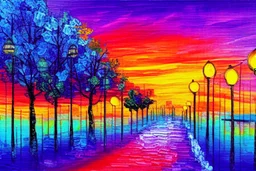 City, sunset, trees, retrowave influence, impressionism painting