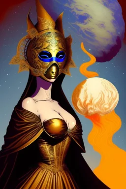 Planet Venus portrayed as a beautiful masked woman wearing medieval robes, her mask is smooth, her sihlouette is engulfed in sulfuric vapor and translucid fire, none of her skin can be seen