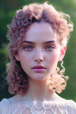 Lost suit,April, Summer Fashion, full body,smooth soft skin, curly hair, detailed eyes, detailed face, looking into camera, intricate, summer outfit, pink, back lighting, realistic concept art, digital painting, rich 3d render, hyper-realistic painting, cinema 4D render, art by WLOP, by Agnes Cecile, Michael Whelan