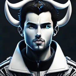 masterpiece - face - anime boy - black hair - portrait- white eyes - white horns on head - sharp eyes- handsome