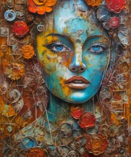  an abstract painting of rusted metal and flowers, african portrait, rust, scaffolding, iron cladding, decay, mixed media, textured, anatomically correct, beautiful perfect face, sharp focus, highly detailed, injured face