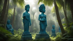 In the heart of the dense jungle, towering palm trees sway in the breeze, their lush green leaves casting dappled sunlight on ancient blue statues hidden among the foliage. These mysterious figures, weathered by time, seem to whisper secrets of a long-forgotten civilization.