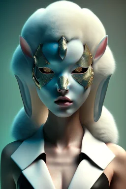 Portrait woman with Sweet Rabbit ceramic mask, suit, photo studio, black background, unreal engine 5, concept art, ray tracing, lumen lighting, ultra detail, volumetric lighting, 3d.