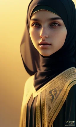 Arab teen girl , cute, beautiful, long hair, wavy hair, black eyes,real eye, She wears an Arab abaya، head and shoulders portrait, cinematic, 8k, resolution concept art portrait by Greg Rutkowski, Artgerm, WLOP, Alphonse Mucha dynamic lighting hyperdetailed intricately detailed