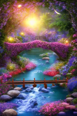 Pont avec des fleurs , riviers animé, soleil, ciel étoilé cgi,cinema 4d