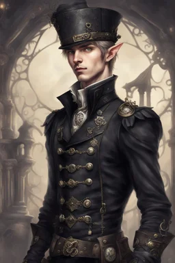 24-year-old, mischievous-looking elven male in black steampunk uniform