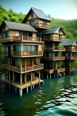 fantasy eleven wooden houses floating on water in the world overrun by nature