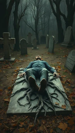 Bosch painting style nightmare, a man with legs looks like tree roots , laying down on flat stone , in a graveyard , dramatic sad scene, fantasy,