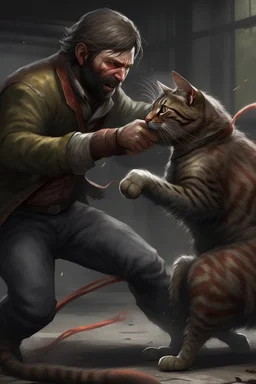 Realistic Arthur Morgan fighting a cat.