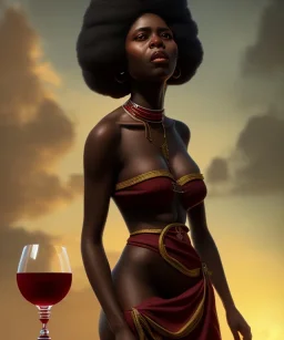 Negra Francisca, beautiful, curvy body, African slave, simple red fabric dress, long black hair, red headband, head and shoulders portrait, holding glass of wine, 8k resolution concept art portrait by Greg Rutkowski, Unreal Engine 5 volumetric lighting