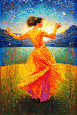 Dance between earth and sky; Post-Impressionism; Klimt; Kandinsky; Golden Hour; Iridescent; Controversial; Supremely Detailed; Marvelous; Whimsical