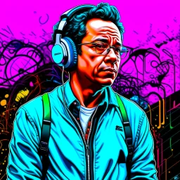 Illustrative sketch of Gustavo Petro in music with headphones, contrasting colors, full body, ultra quality, hyper detailed, graffiti, concept art, maximalism, 8k