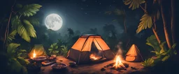 camping inside jungle during night. Cooking vegetables on barbecue . fool moon night