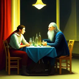 Frodo and Gandalf at a dinner at night painted by edward hopper